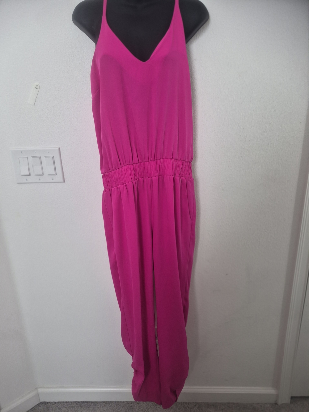 Sleeveless Hot Pink V-Neck Jumpsuit with Elastic Waist